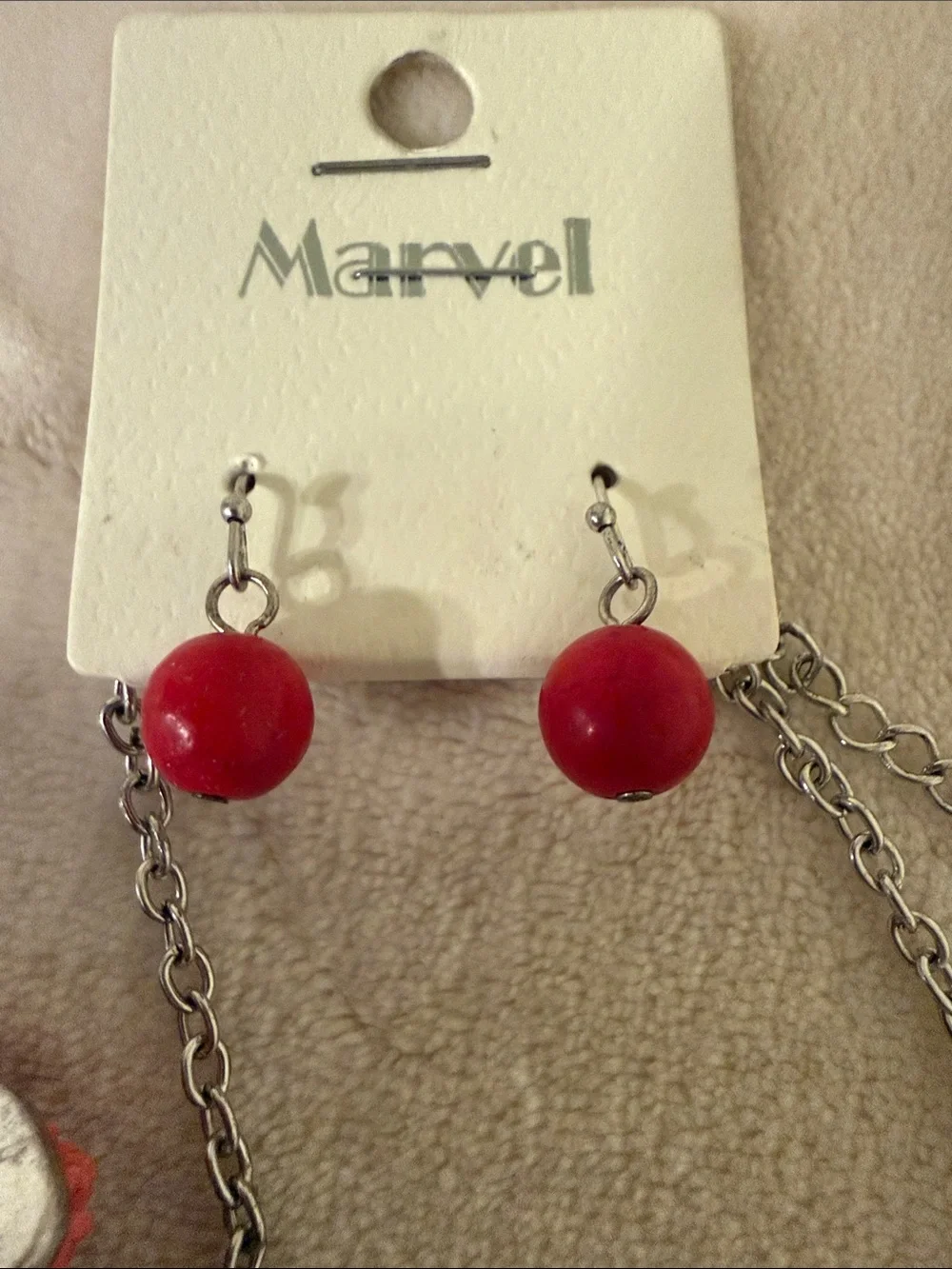 Marvel Red Bead earrings & Necklace with Silver Chains